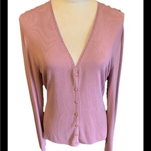 Max Studio Women’s Sweater Button Down Blush Sequined Neckline Lace Large